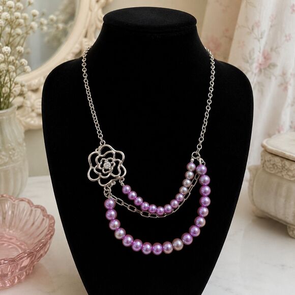 Jewelry - Silver Tone Pink Faux Pearl Layered Flower Statement Necklace, Floral Pendant